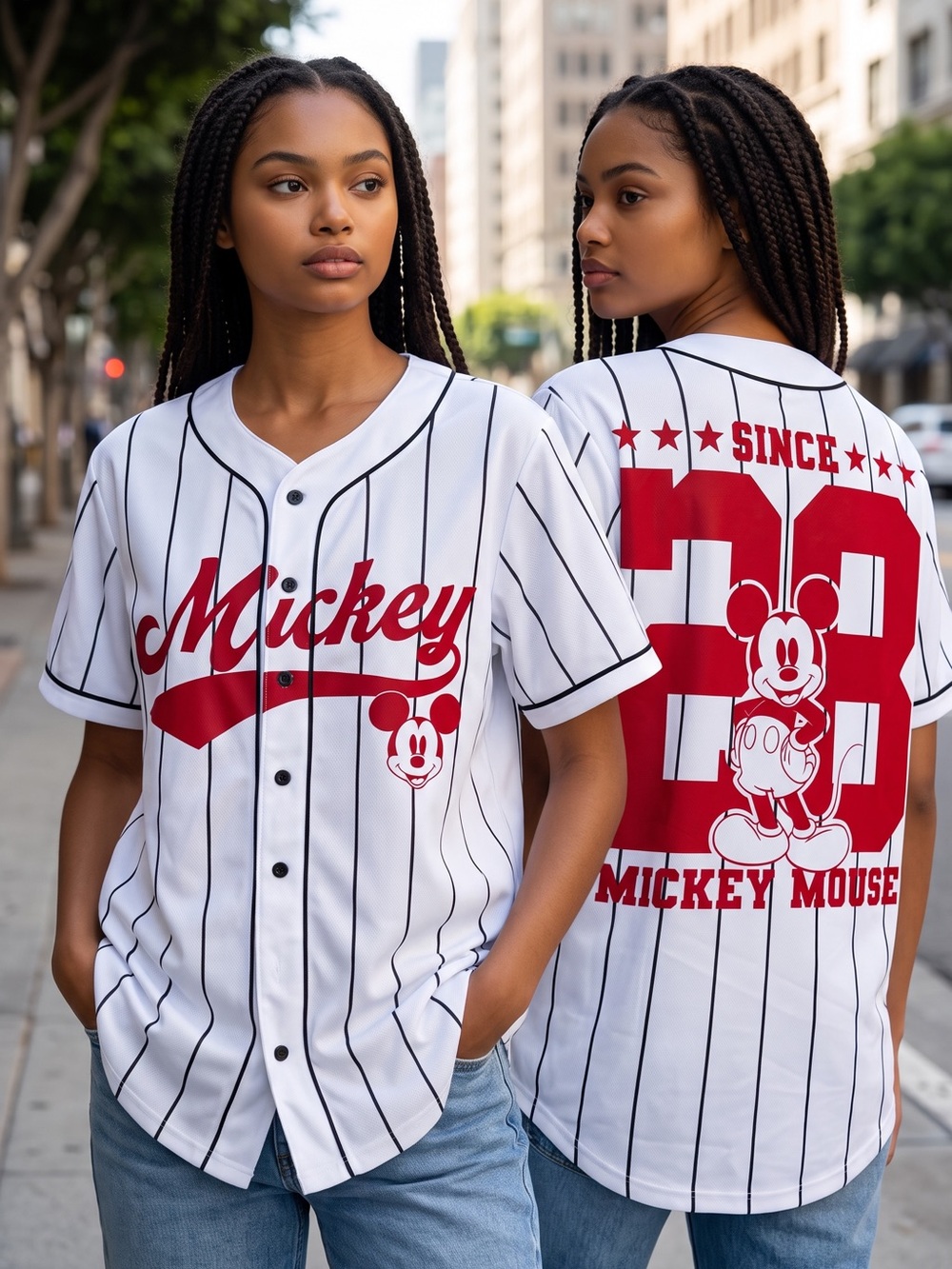 Disney Mickey Mouse Baseball Jersey White Black Pinstripe Mesh Button Front M